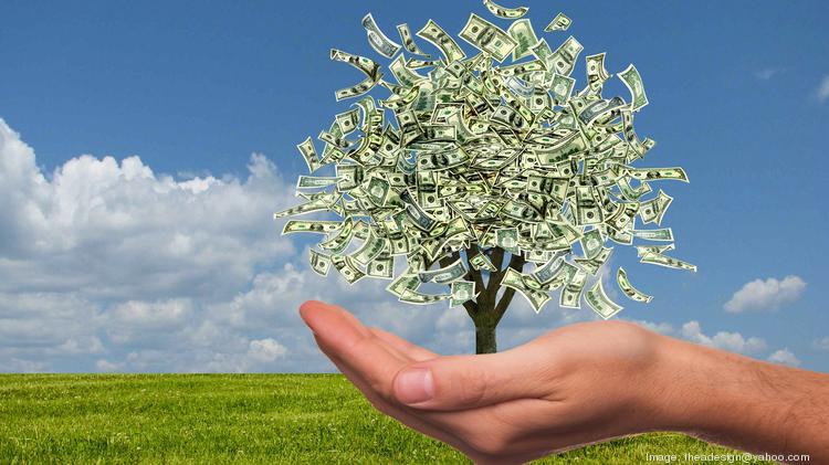 A hand holding a tree made of money.